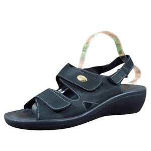 Fly Flot Womens 41 Black Leather Wedge Sandals Comfort Casual Adjustable